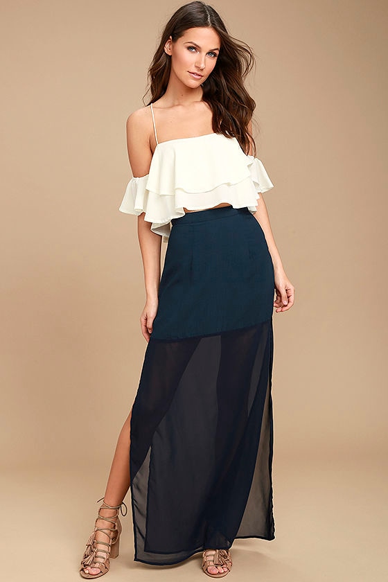 Lovely Navy Blue Skirt - Blue Chiffon Maxi Skirt - Side Slit Maxi Skirt ...