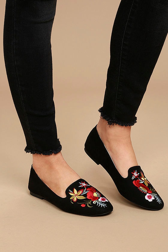 Arvida Black Suede Embroidered Loafer Flats 2