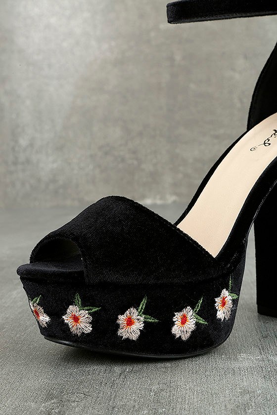 Pretty Black Platform Heels Embroidered Heels Velvet Heels 39.00