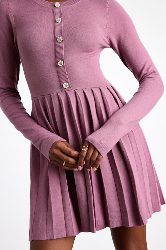 Beyond Sweet Purple Pearl Pleated Mini Sweater Dress