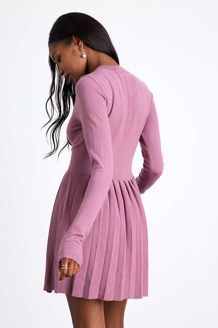 Purple Mini Sweater Dress - Pleated Dress - Pearl Button Dress - Lulus