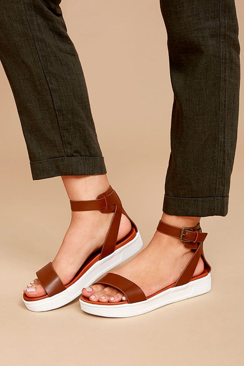 Mia Ellen - Cognac Sandals - Flatform Sandals - Vegan Leather Sandals -  $59.00 - Lulus