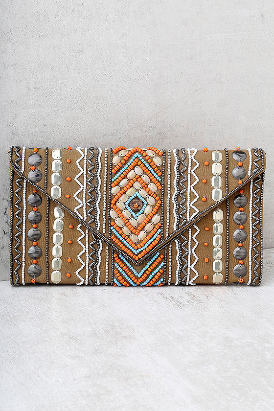 Set Sail Tan Beaded Clutch 1