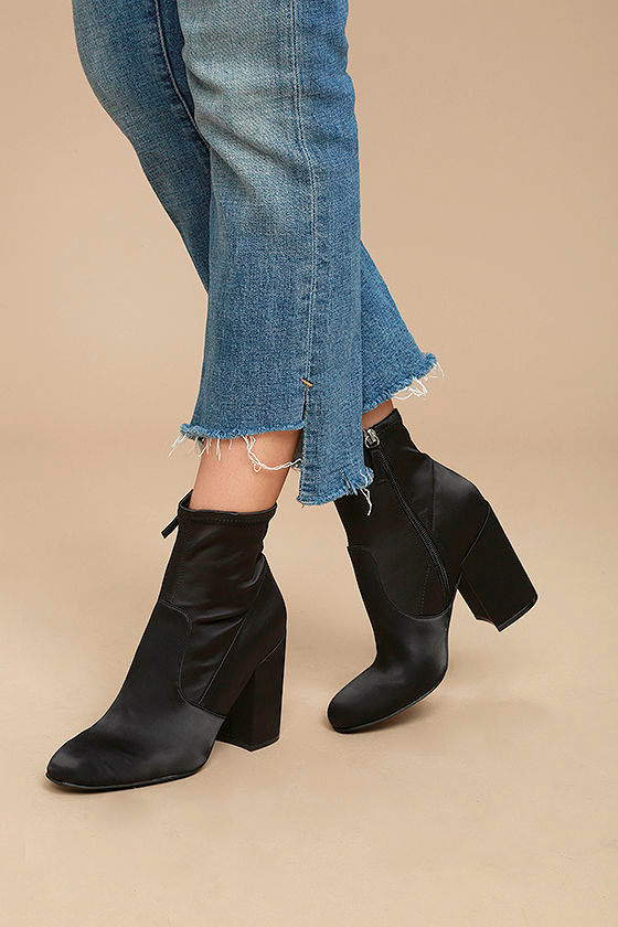 Steve Madden Gaze Black Satin MidCalf Booties Satin Sock Boots Black Sock Boots 99.00