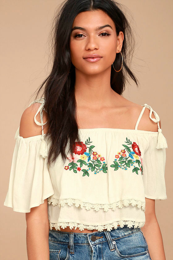 Above All Cream Embroidered Off-the-Shoulder Crop Top