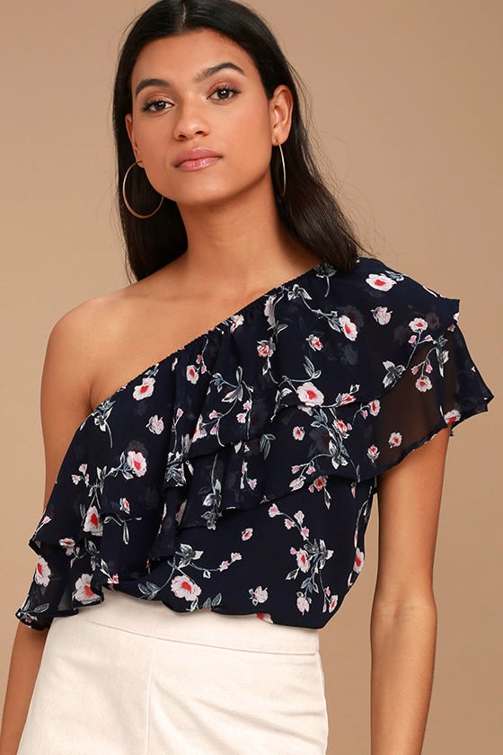 Cute Navy Blue Floral Print Top One Shoulder Top 38.00