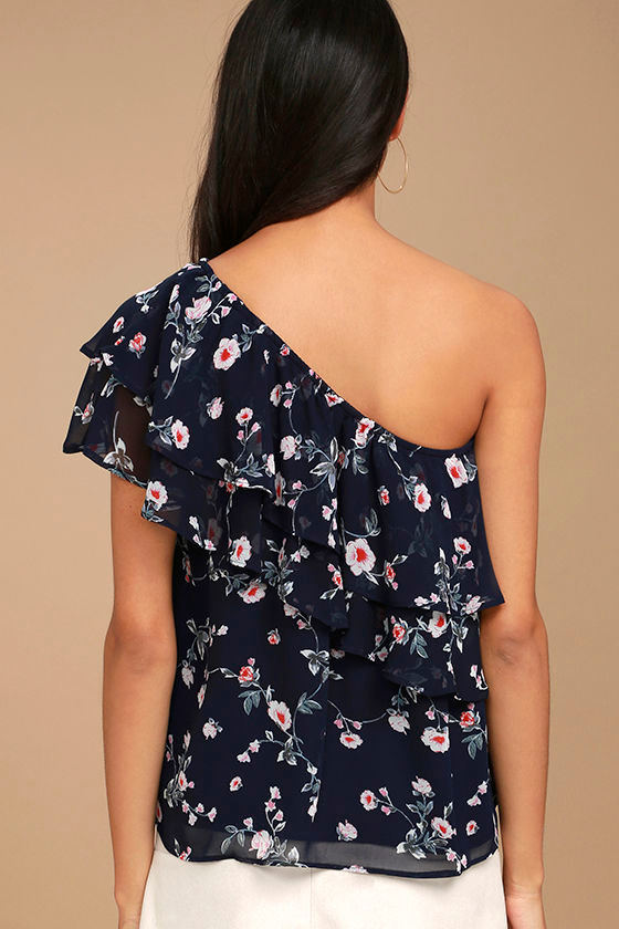 Cute Navy Blue Floral Print Top One Shoulder Top 38.00