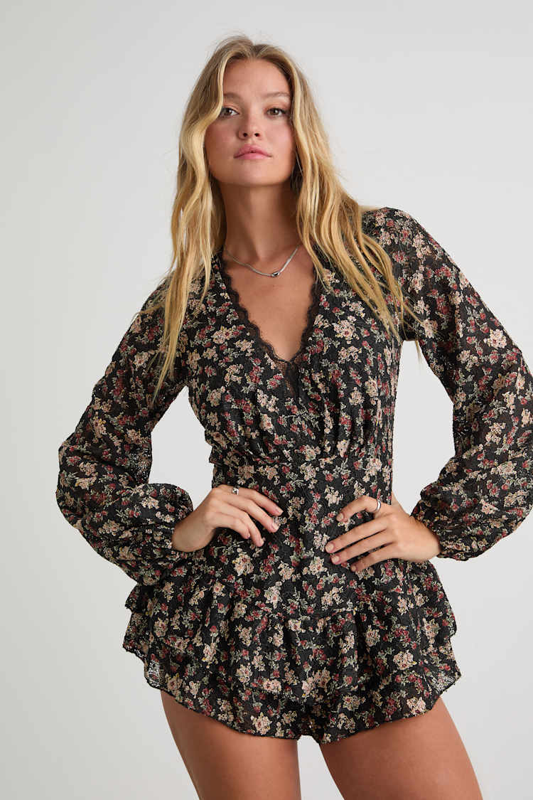 slim fit dress slacks Tiana Wrap Ruffle Floral Romper main image 1