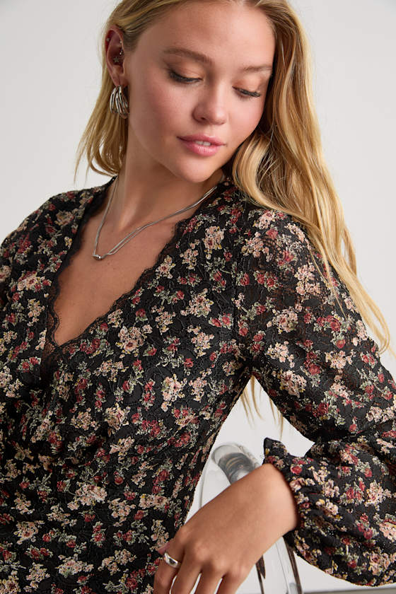 Undeniable Delight Black Floral Lace Ruffled Long Sleeve Romper 2