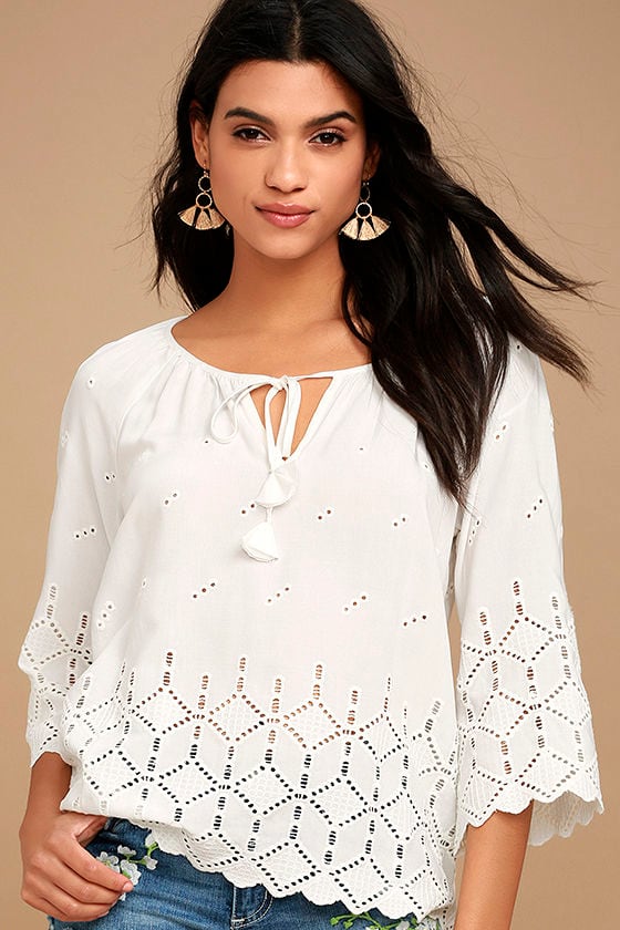 East Hampton White Eyelet Lace Long Sleeve Top