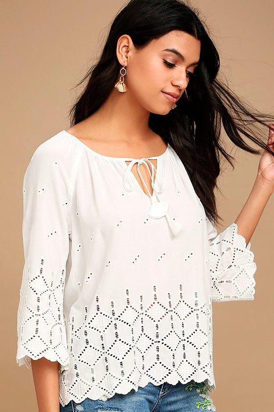 Lovely White Top Eyelet Top Lace Top Long Sleeve Top Peasant