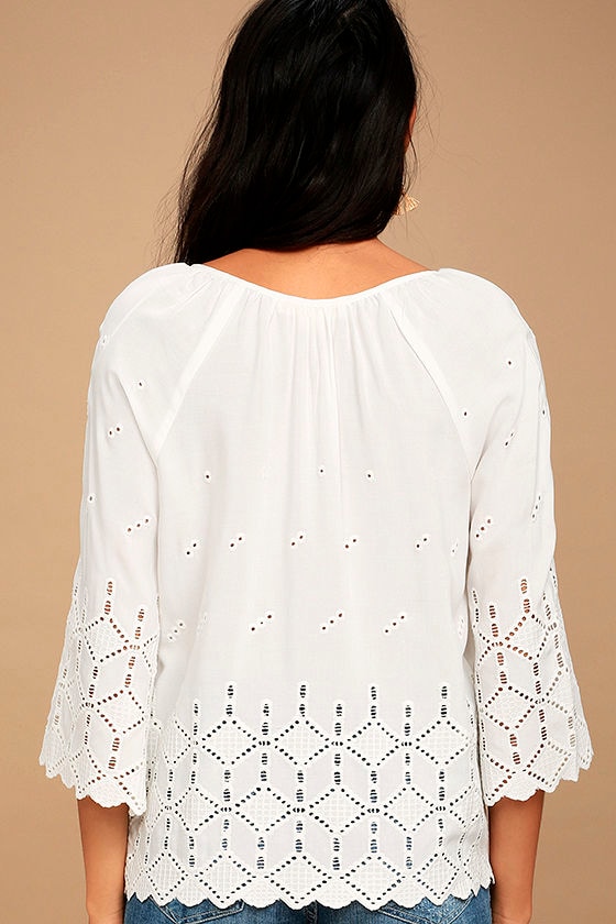 Lovely White Top - Eyelet Top - Lace Top - Long Sleeve Top - Peasant ...