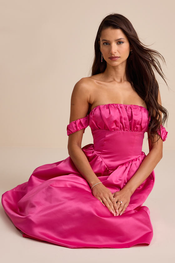 Coquette Essence Pink Satin Off-the-Shoulder Lace-Up Midi Dress 1