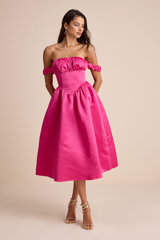 Coquette Essence Pink Satin Off-the-Shoulder Lace-Up Midi Dress 2