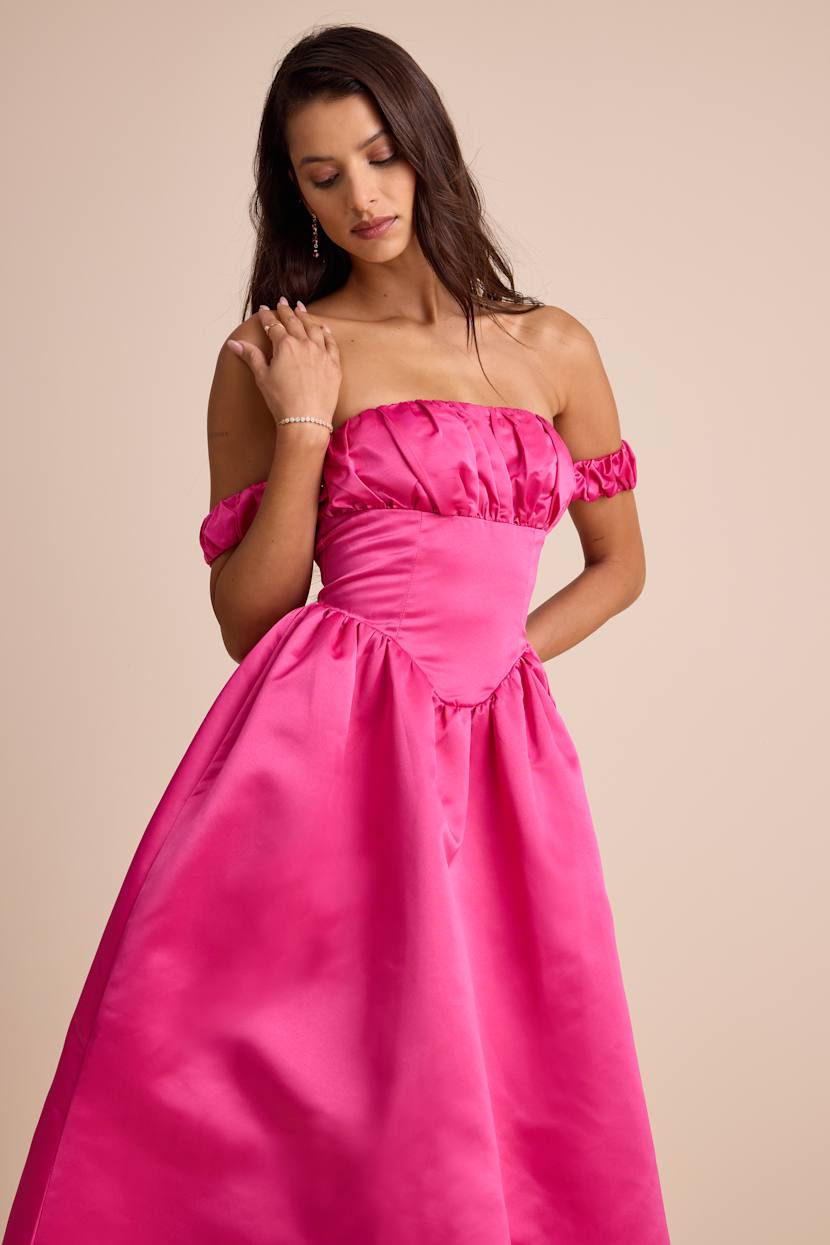 Pink Satin Dress - Off-the-Shoulder Midi Dress - Lace-Up Dress - Lulus Pink Satin Dress - Off-the-Shoulder Midi Dress - Lace-Up Dress - Lulus