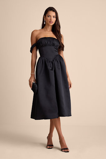 Coquette Essence Black Satin Off-the-Shoulder Lace-Up Midi Dress 2
