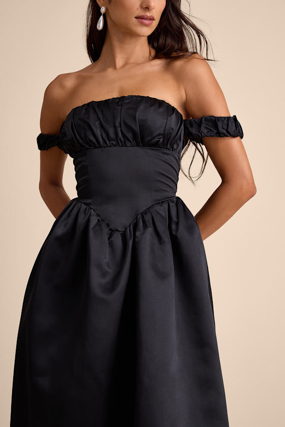 Coquette Essence Black Satin Off-the-Shoulder Lace-Up Midi Dress 3