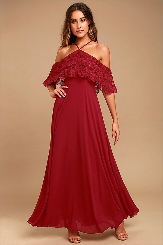 Unmatched Beauty Berry Pink Lace Off-the-Shoulder Maxi Dress
