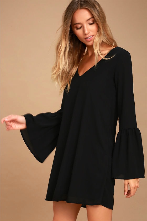 Far Wanderings Black Long Sleeve Shift Dress 2