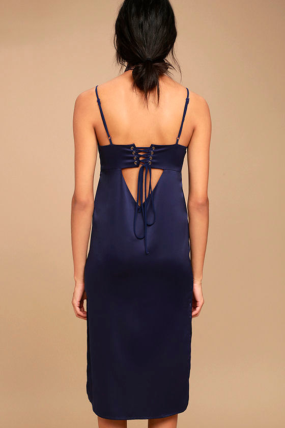 Sexy Navy Blue Dress - Satin Midi Dress - Midi Slip Dress - Lace-Up Slip - $48.00