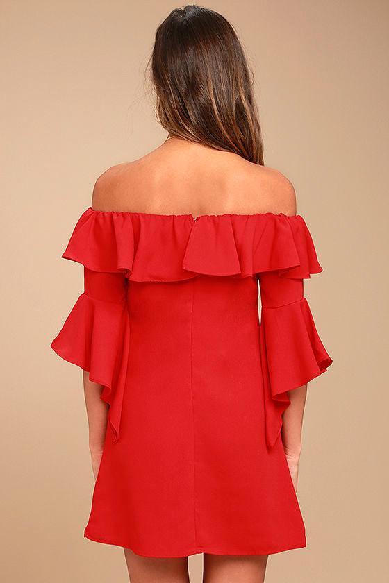 Cute Red Dress - Off-the-Shoulder Dress - Shift Dress - $49.00