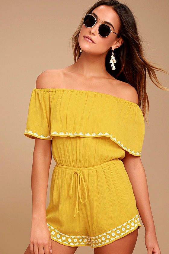 Fun Mustard Yellow Romper OfftheShoulder Romper Embroidered Romper 52.00 Lulus