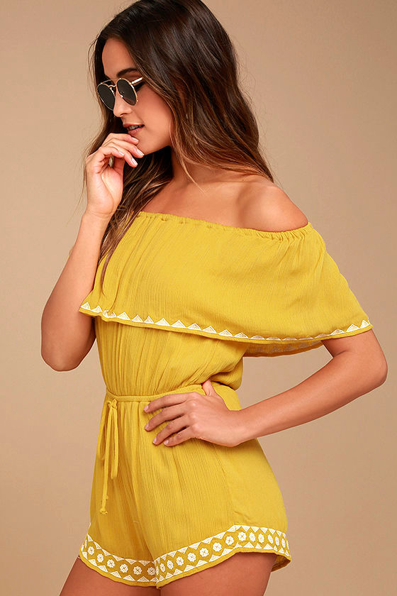 Fun Mustard Yellow Romper - Off-the-Shoulder Romper - Embroidered Romper - $52.00 - Lulus
