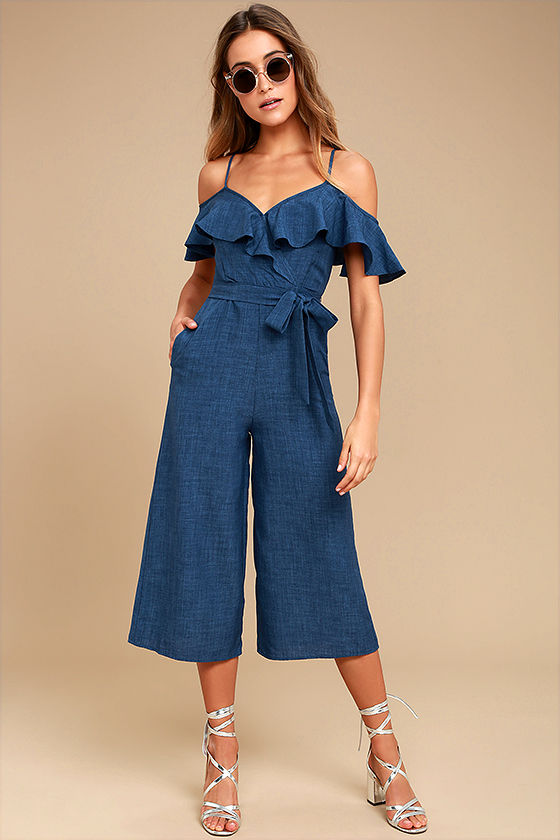 Lost in Love Dark Blue Off-the-Shoulder Midi Jumpsuit