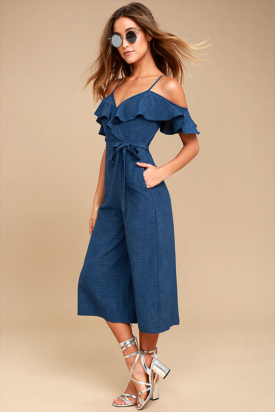 Lost in Love Denim Blue Off-the-Shoulder Midi Jumpsuit 2