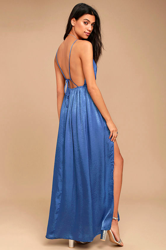 Uncharted Waters Blue Satin Maxi Dress