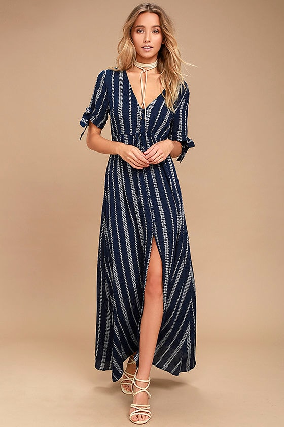 navy blue striped maxi dress