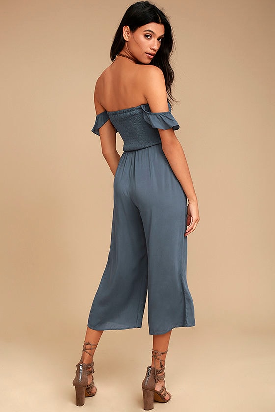 Cute Denim Blue Jumpsuit - Midi Jumpsuit - Off-the-Shoulder Jumpsuit ...