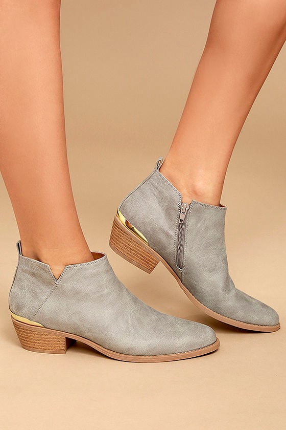 Cute Light Grey Ankle Booties - Grey Vegan Leather Booties - Gold Heel ...