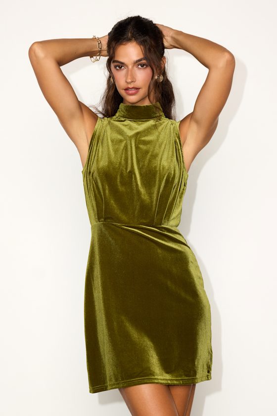 Olive Velvet Mini Dress - Mock Neck Mini Dress - Keyhole Dress - Lulus