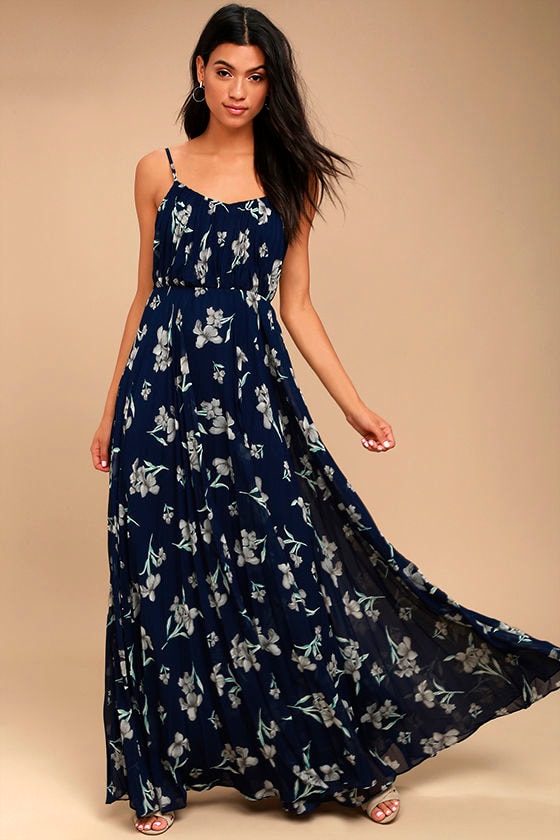 Memorable Night Navy Blue Floral Print Maxi Dress