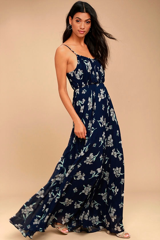 Memorable Night Navy Blue Floral Print Maxi Dress