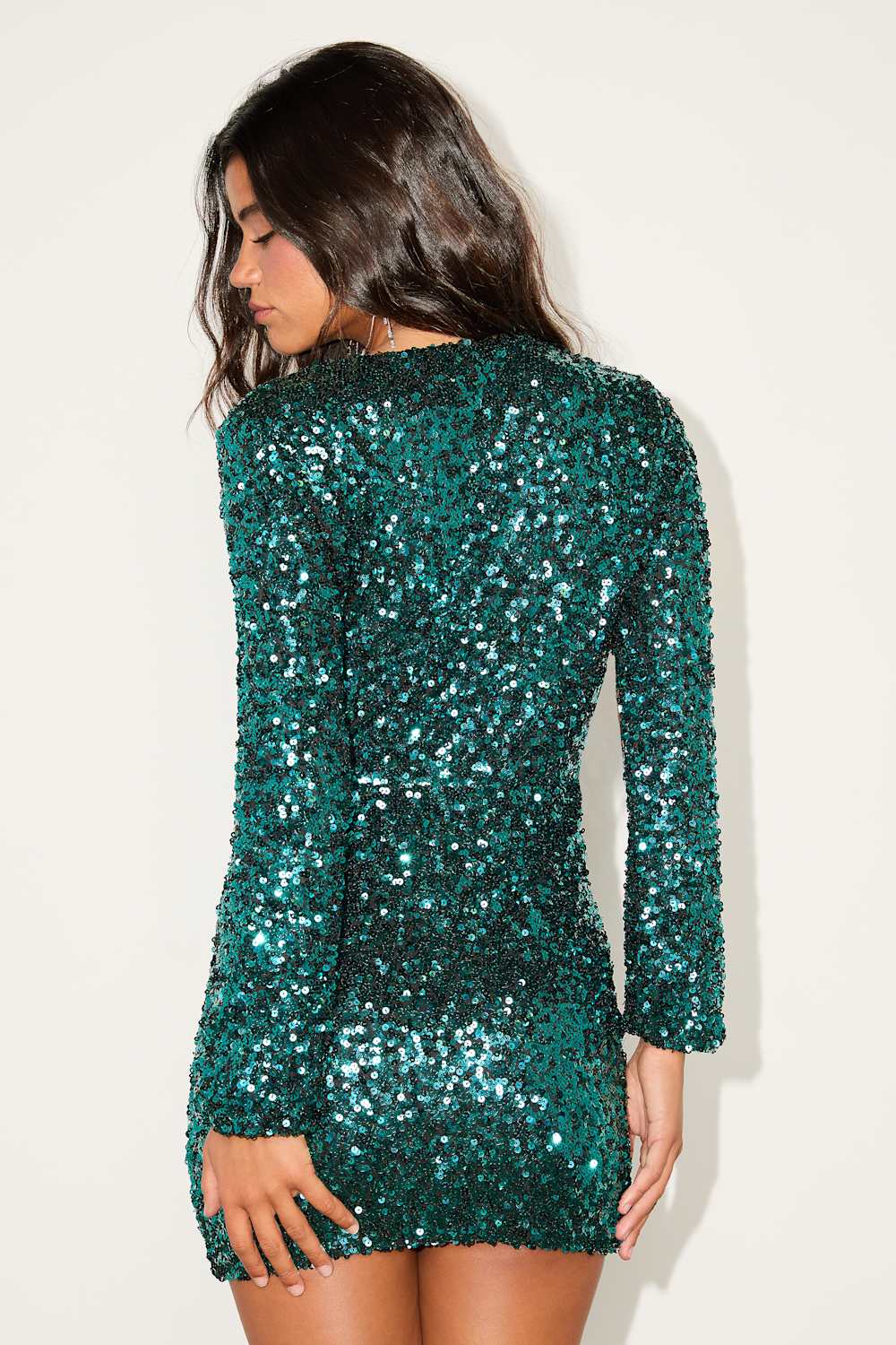 Indescribable Shine Teal Green Sequin Long Sleeve Mini Dress