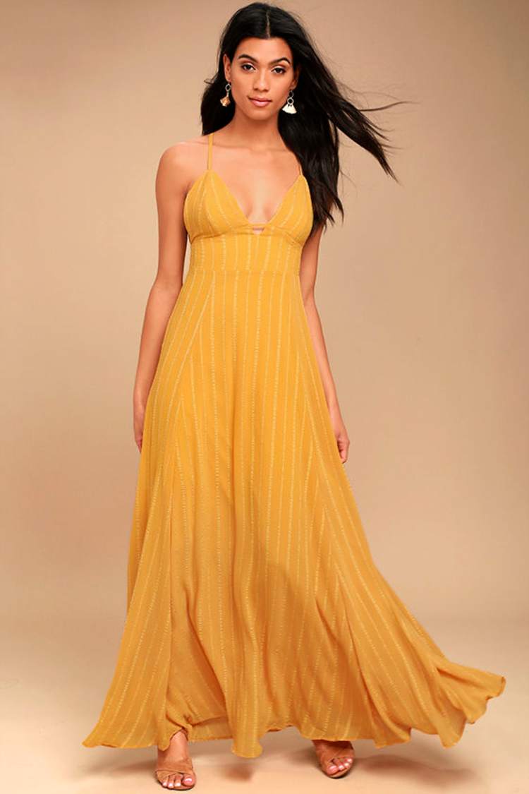 Elevate Mustard Yellow Embroidered Maxi Dress
