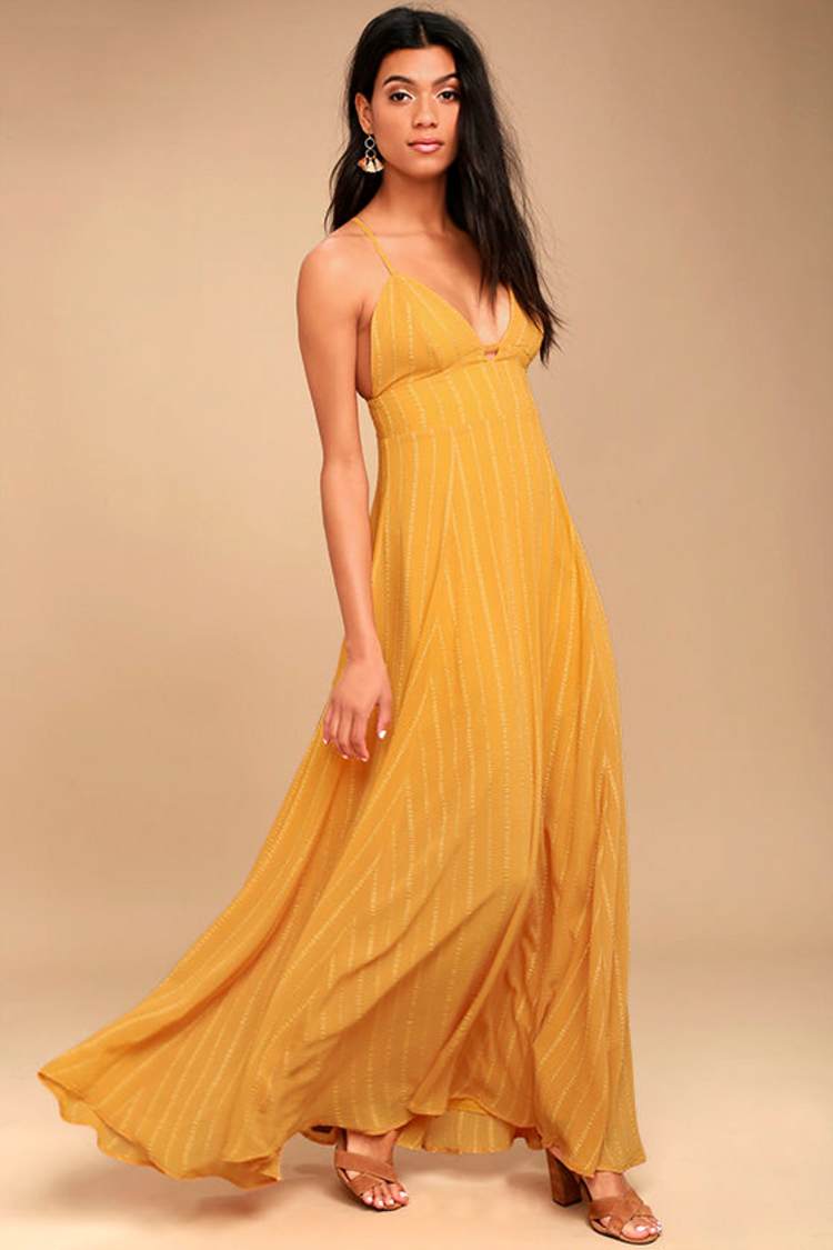 Elevate Mustard Yellow Embroidered Maxi Dress