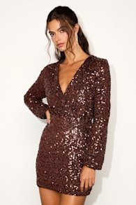 Indescribable Shine Brown Sequin Long Sleeve Mini Dress 1