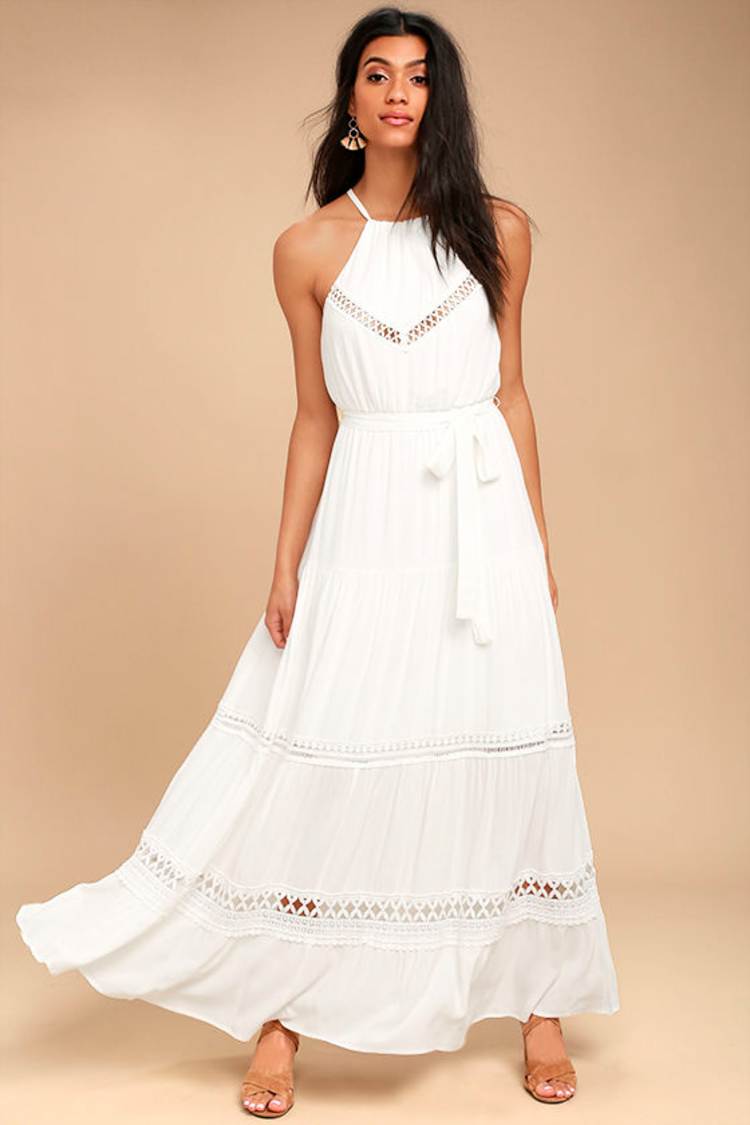 white halter a line dress White Halter A-Line Pleated Long Party Dress Fashion Dress for Women M –  ModelDressy main image 1