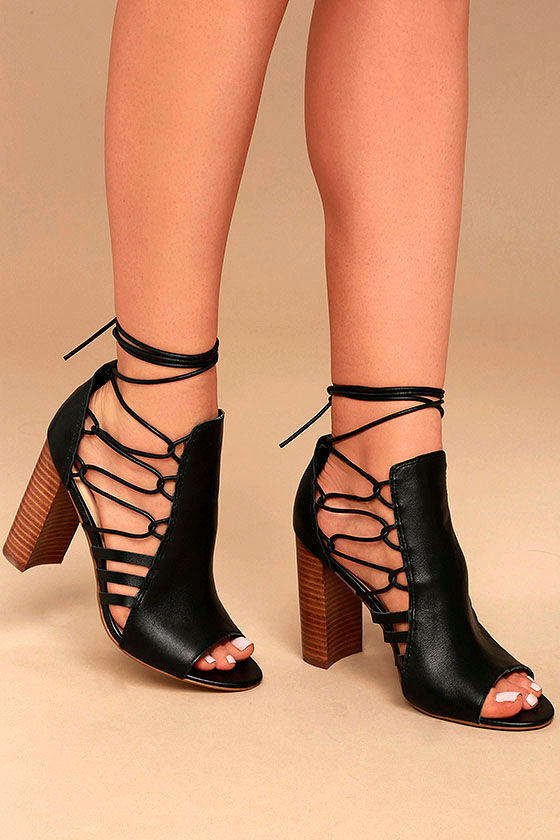 black lace up open toe booties