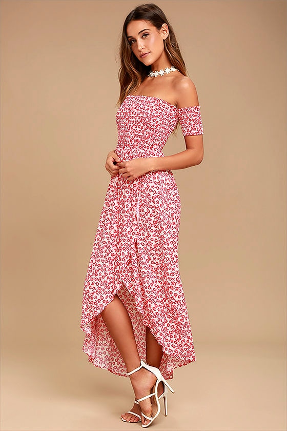 Lucy Love Tranquility Red Floral Print Off-the-Shoulder Dress 1