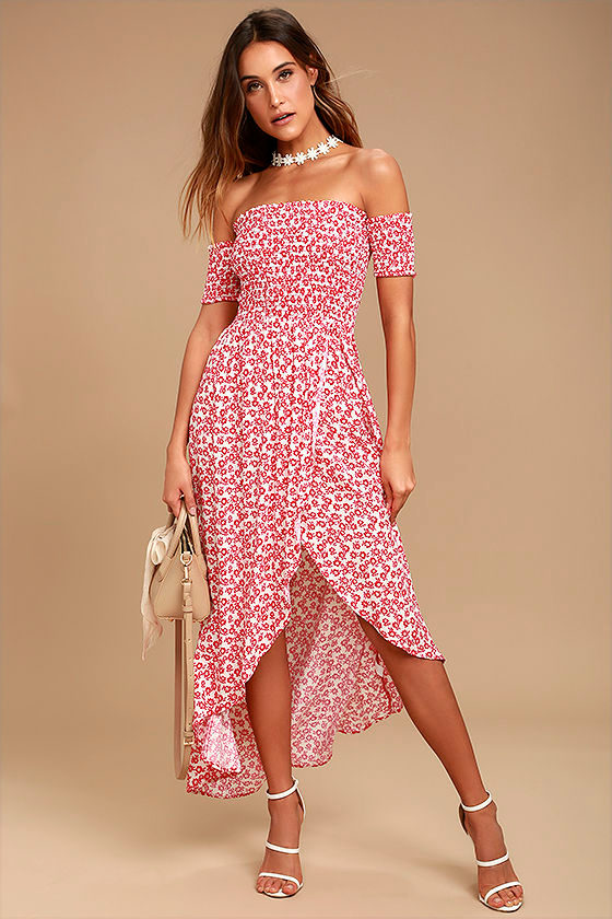 Lucy Love Tranquility Red Floral Print Off-the-Shoulder Dress 2