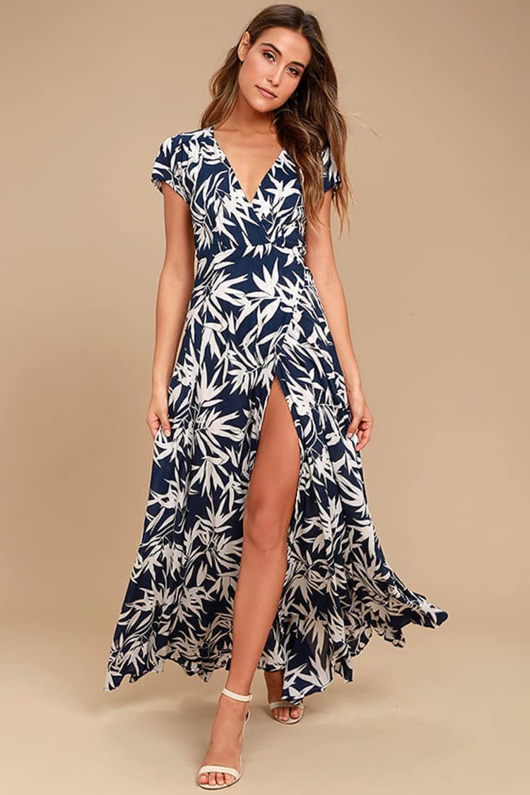 Lovely Navy Blue Dress - Print Dress - Wrap Dress - Maxi Dress - $94.00 -  Lulus
