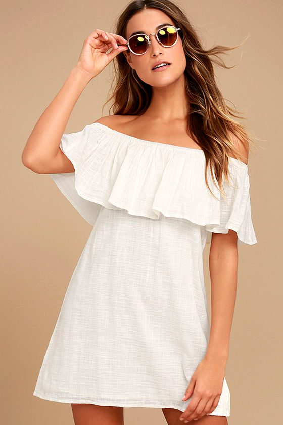 Billabong Mi Bonita Ivory Off-the-Shoulder Shift Dress 1