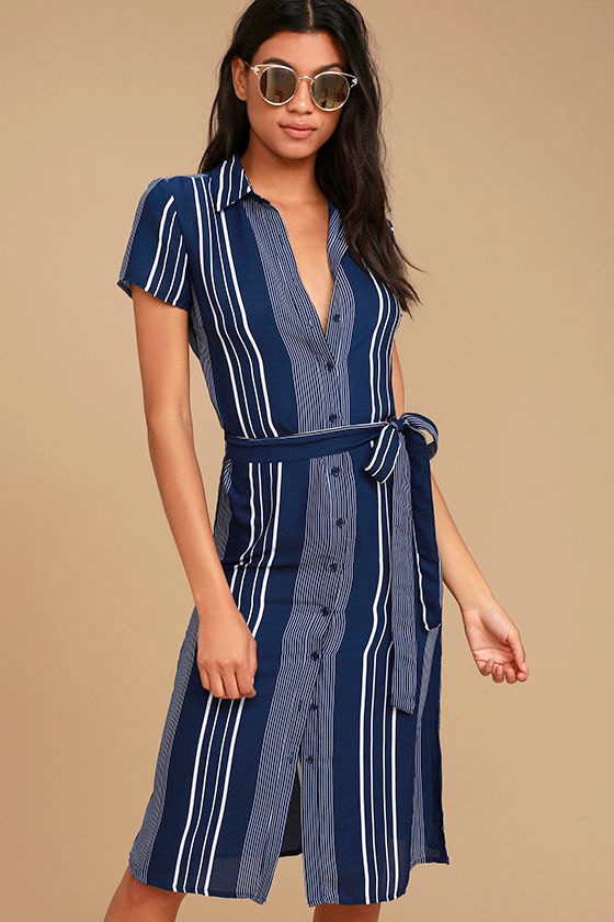 Chic Navy Blue Striped Dress - Short Sleeve Midi Dress - Belted Midi