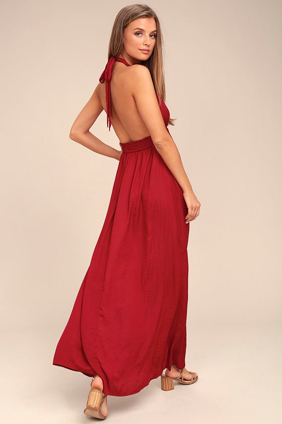 Lovely Burgundy Dress - Maxi Dress - Satin Dress - Halter Dress - $59. ...