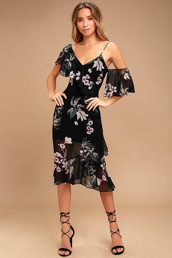 Keepsake Cosmic Girl - Black Floral Print Dress - Midi Dress - One ...