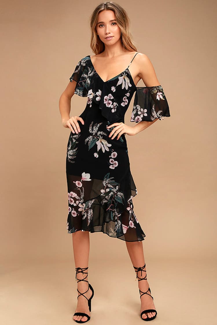 Keepsake Cosmic Girl - Black Floral Print Dress - Midi Dress - One-Shoulder  Dress - Lulus